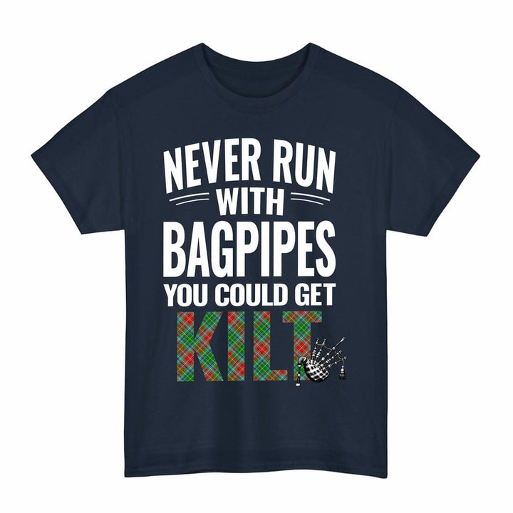 Scottish Muirhead Clan Tartan Never Run With Bagpipes T-Shirt Tartan Plaid Navy Color