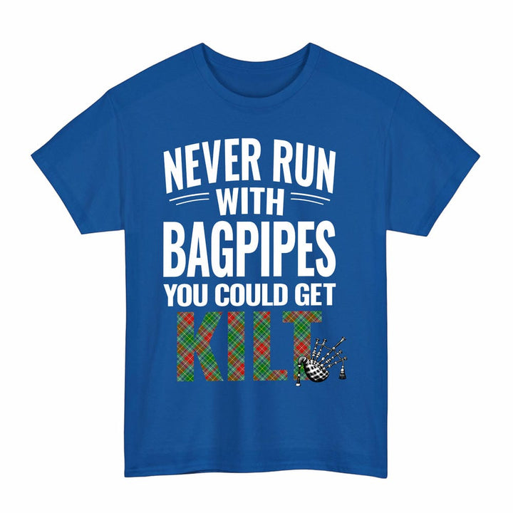 Scottish Muirhead Clan Tartan Never Run With Bagpipes T-Shirt Tartan Plaid Royal Color