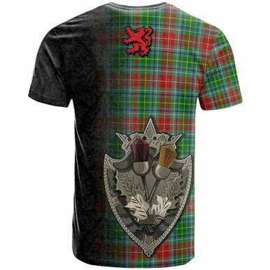 Scottish Muirhead Clan Tartan T-Shirt - Half Thistle Flowers Celtic Design Back Side Tartan Plaid