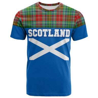 Scottish Muirhead Clan Tartan T-Shirt - Lion Rampant of Scotland With Flag Front Side Tartan Plaid
