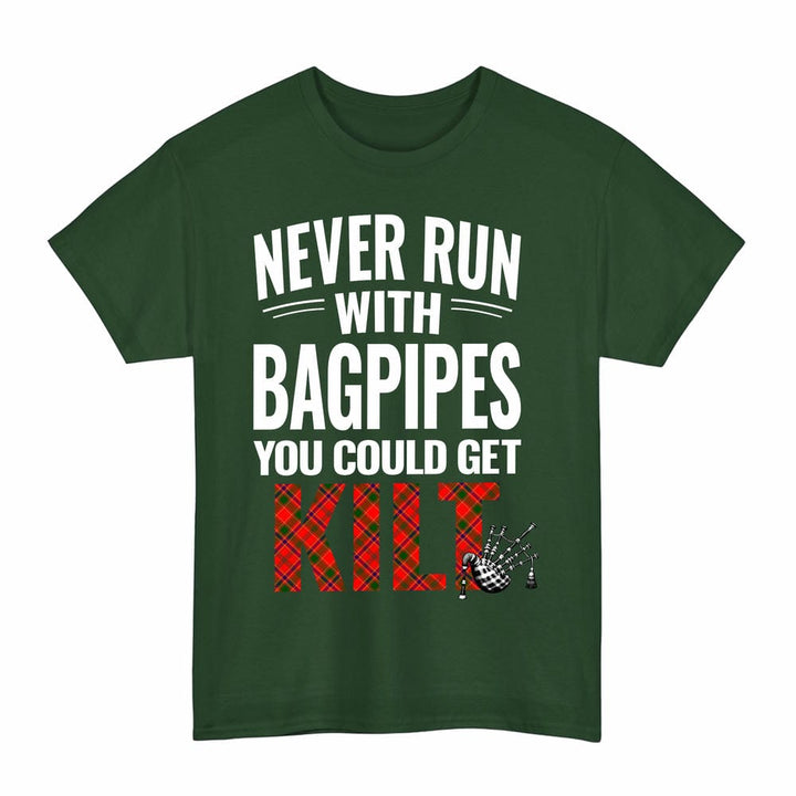 Scottish Munro Modern Clan Tartan Never Run With Bagpipes T-Shirt Tartan Plaid Forest Green Color
