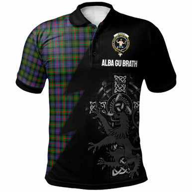 Scottish Murray (of Atholl) Clan Crest Tartan Polo Shirt - Lion Rampant Celtic Cross Flash Style Front Side Tartan Plaid