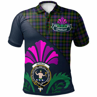 Scottish Murray (of Atholl) Clan Crest Tartan Polo Shirt - Scotland Thistle Style Front Side Tartan Plaid