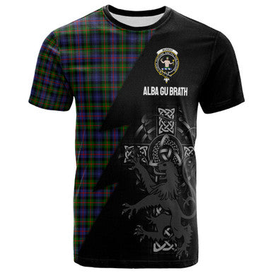 Scottish Murray (of Atholl) Clan Crest Tartan T-Shirt - Lion Rampant Celtic Cross Flash Style Front Side Tartan Plaid