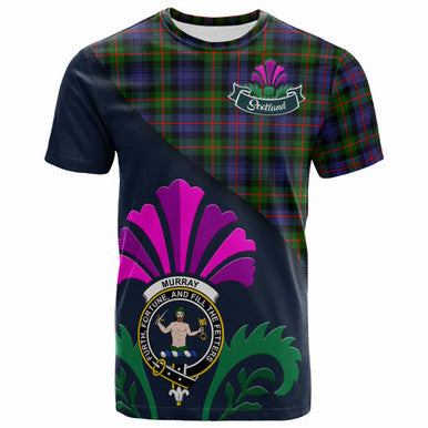 Scottish Murray (of Atholl) Clan Crest Tartan T-Shirt - Scotland Thistle Style Front Side Tartan Plaid