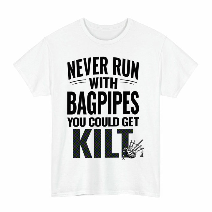 Scottish Murray of Atholl Modern Clan Tartan Never Run With Bagpipes T-Shirt Tartan Plaid White Color