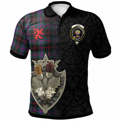 Scottish Nairn Clan Crest Tartan Polo Shirt - Half Thistle Flowers Celtic Design Front Side Tartan Plaid