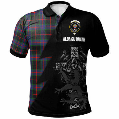 Scottish Nairn Clan Crest Tartan Polo Shirt - Lion Rampant Celtic Cross Flash Style Front Side Tartan Plaid