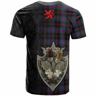 Scottish Nairn Clan Crest Tartan T-Shirt - Half Thistle Flowers Celtic Design Back Side Tartan Plaid