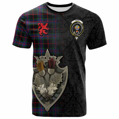 Scottish Nairn Clan Crest Tartan T-Shirt - Half Thistle Flowers Celtic Design Front Side Tartan Plaid