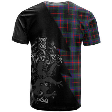 Scottish Nairn Clan Crest Tartan T-Shirt - Lion Rampant Celtic Cross Flash Style Back Side Tartan Plaid