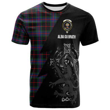 Scottish Nairn Clan Crest Tartan T-Shirt - Lion Rampant Celtic Cross Flash Style Front Side Tartan Plaid