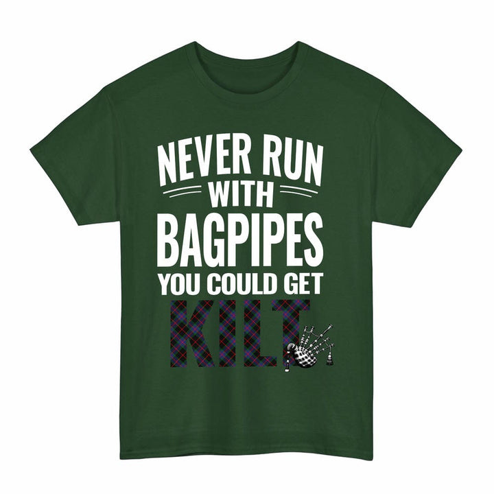 Scottish Nairn Clan Tartan Never Run With Bagpipes T-Shirt Tartan Plaid Forest Green Color