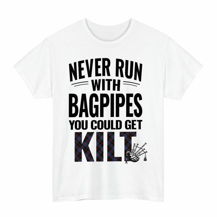 Scottish Nairn Clan Tartan Never Run With Bagpipes T-Shirt Tartan Plaid White Color