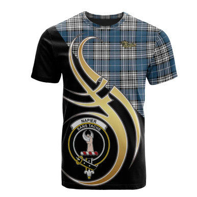Scottish Napier Modern Clan Crest Tartan T-Shirt Believe in Me Front Side Tartan Plaid