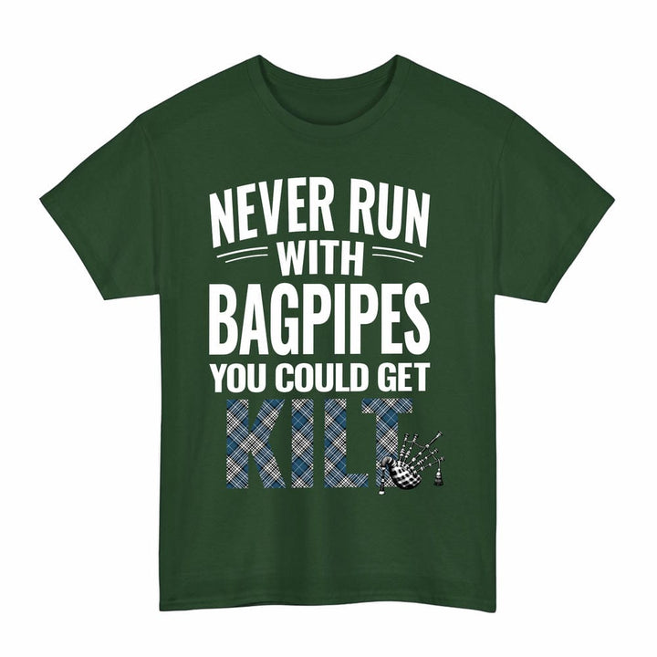 Scottish Napier Modern Clan Tartan Never Run With Bagpipes T-Shirt Tartan Plaid Forest Green Color