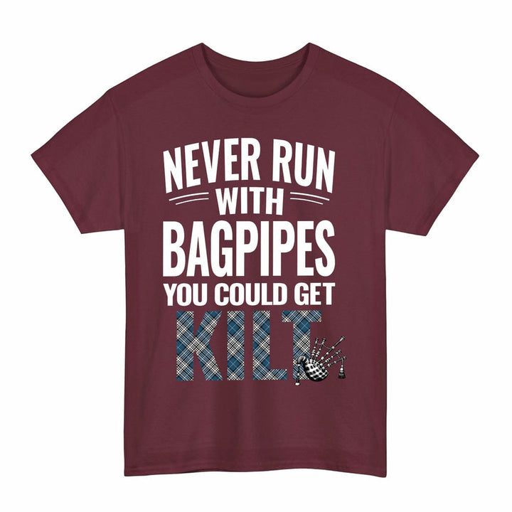 Scottish Napier Modern Clan Tartan Never Run With Bagpipes T-Shirt Tartan Plaid Maroon Color