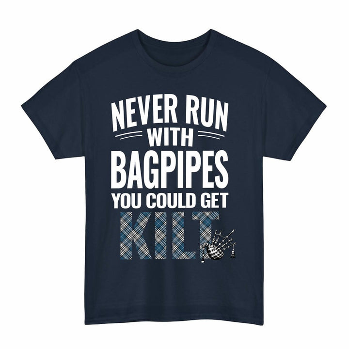 Scottish Napier Modern Clan Tartan Never Run With Bagpipes T-Shirt Tartan Plaid Navy Color