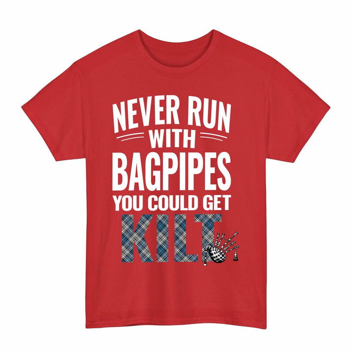 Scottish Napier Modern Clan Tartan Never Run With Bagpipes T-Shirt Tartan Plaid Red Color