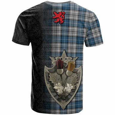 Scottish Napier Modern Clan Tartan T-Shirt - Half Thistle Flowers Celtic Design Back Side Tartan Plaid