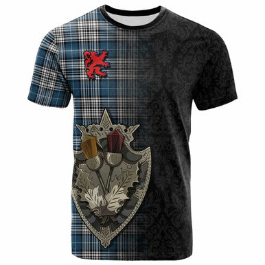 Scottish Napier Modern Clan Tartan T-Shirt - Half Thistle Flowers Celtic Design Front Side Tartan Plaid