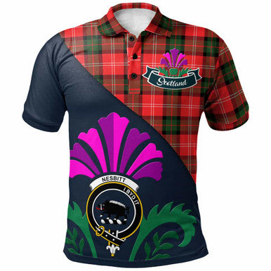 Scottish Nesbitt Clan Crest Tartan Polo Shirt - Scotland Thistle Style Front Side Tartan Plaid