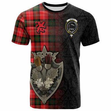 Scottish Nesbitt Clan Crest Tartan T-Shirt - Half Thistle Flowers Celtic Design Front Side Tartan Plaid