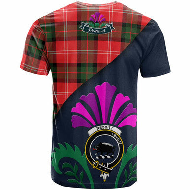 Scottish Nesbitt Clan Crest Tartan T-Shirt - Scotland Thistle Style Back Side Tartan Plaid