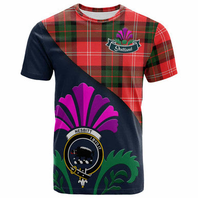 Scottish Nesbitt Clan Crest Tartan T-Shirt - Scotland Thistle Style Front Side Tartan Plaid