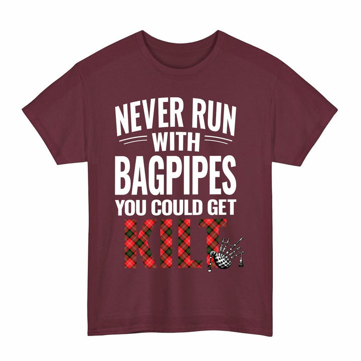 Scottish Nesbitt Modern Clan Tartan Never Run With Bagpipes T-Shirt Tartan Plaid Maroon Color
