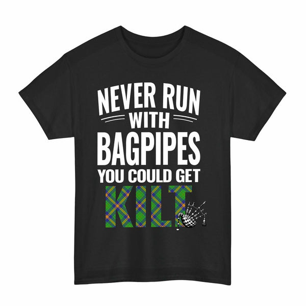 Scottish New Mexico Clan Tartan Never Run With Bagpipes T-Shirt Tartan Plaid Black Color