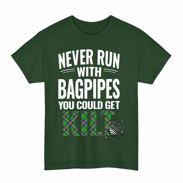 Scottish New Mexico Clan Tartan Never Run With Bagpipes T-Shirt Tartan Plaid Forest Green Color