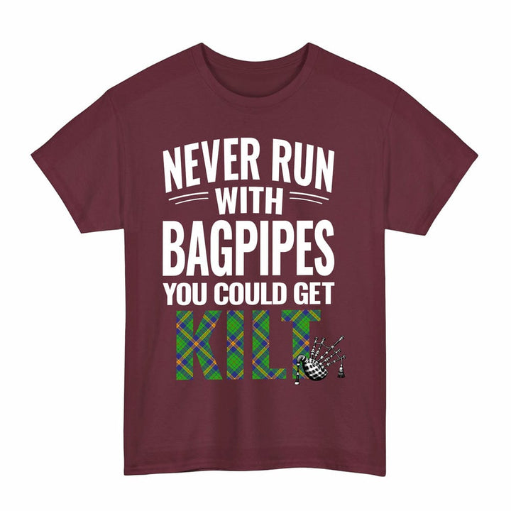 Scottish New Mexico Clan Tartan Never Run With Bagpipes T-Shirt Tartan Plaid Maroon Color