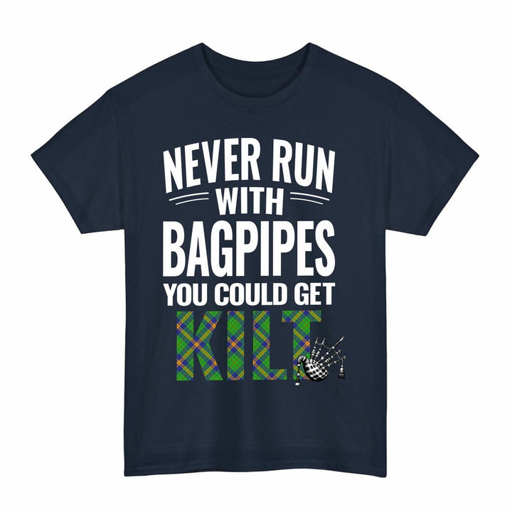 Scottish New Mexico Clan Tartan Never Run With Bagpipes T-Shirt Tartan Plaid Navy Color
