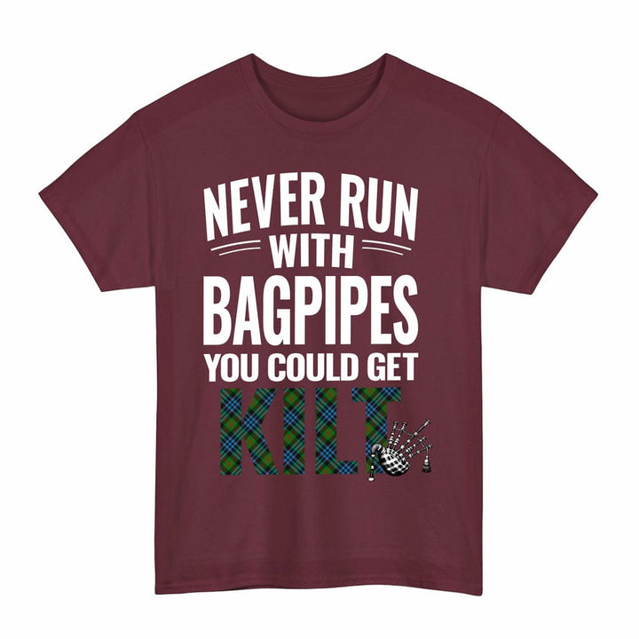 Scottish Newlands of Lauriston Clan Tartan Never Run With Bagpipes T-Shirt Tartan Plaid Maroon Color