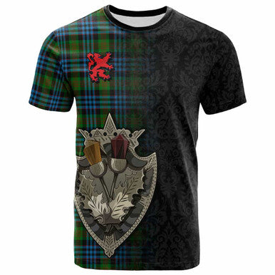Scottish Newlands of Lauriston Clan Tartan T-Shirt - Half Thistle Flowers Celtic Design Front Side Tartan Plaid