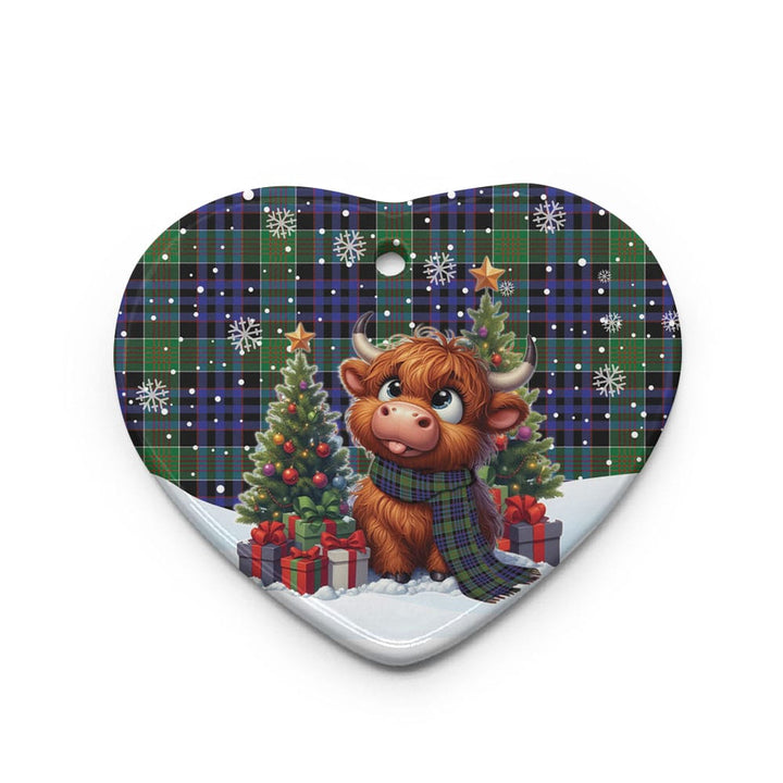 Scottish Newman Clan Tartan Ceramic Ornament Cute Highland Cow Christmas Heart Style Tartan Plaid