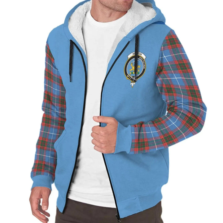 Scottish Newton Clan Crest Tartan Plaid Sleeve Sherpa Hoodie