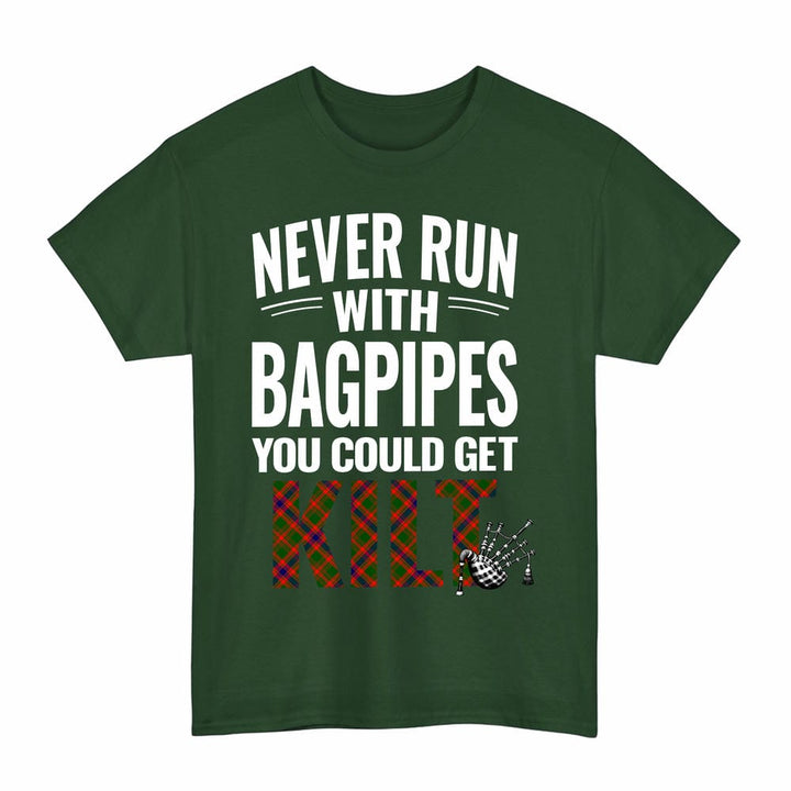 Scottish Nithsdale District Clan Tartan Never Run With Bagpipes T-Shirt Tartan Plaid Forest Green Color