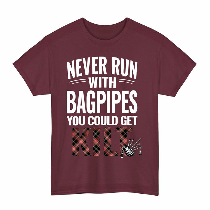 Scottish Norwegian Night Clan Tartan Never Run With Bagpipes T-Shirt Tartan Plaid Maroon Color