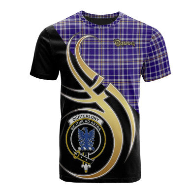 Scottish Ochterlony Clan Crest Tartan T-Shirt Believe in Me Front Side Tartan Plaid
