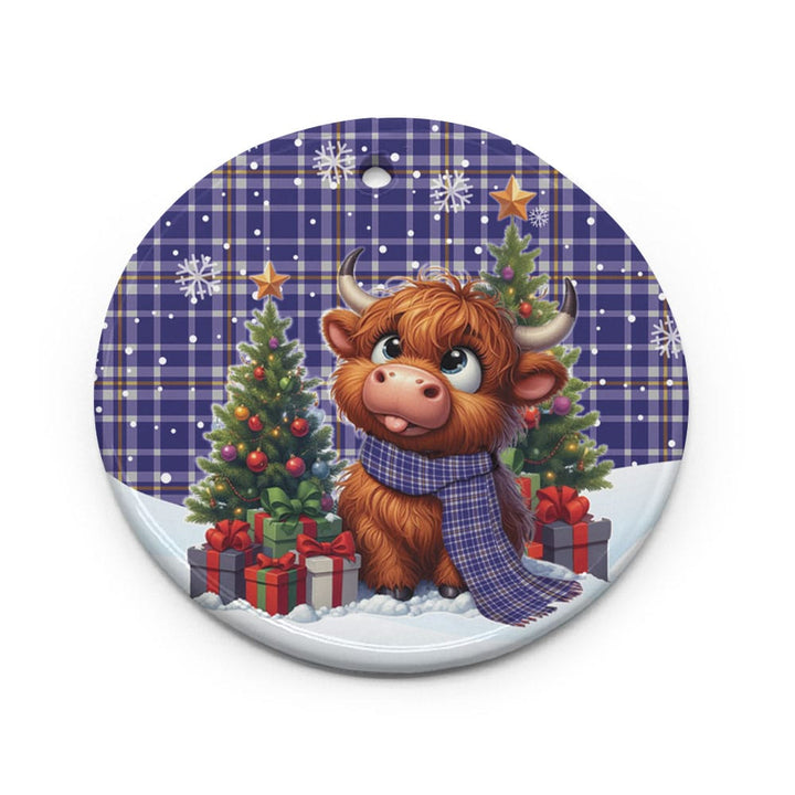 Scottish Ochterlony Clan Tartan Ceramic Ornament Cute Highland Cow Christmas Circle Style Tartan Plaid