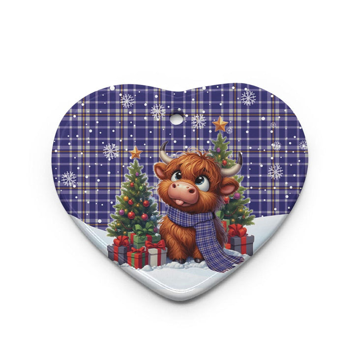 Scottish Ochterlony Clan Tartan Ceramic Ornament Cute Highland Cow Christmas Heart Style Tartan Plaid