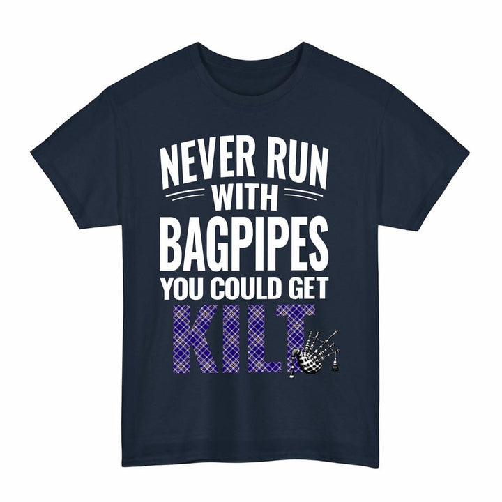 Scottish Ochterlony Clan Tartan Never Run With Bagpipes T-Shirt Tartan Plaid Navy Color