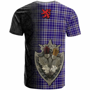 Scottish Ochterlony Clan Tartan T-Shirt - Half Thistle Flowers Celtic Design Back Side Tartan Plaid