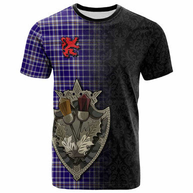 Scottish Ochterlony Clan Tartan T-Shirt - Half Thistle Flowers Celtic Design Front Side Tartan Plaid