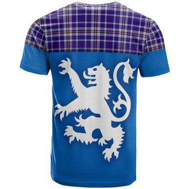 Scottish Ochterlony Clan Tartan T-Shirt - Lion Rampant of Scotland With Flag Back Side Tartan Plaid