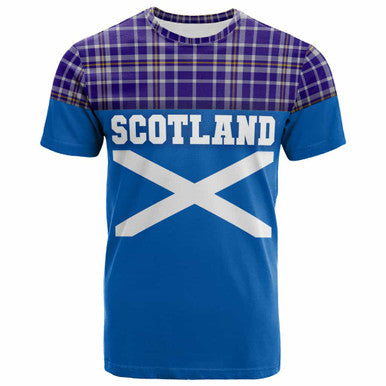 Scottish Ochterlony Clan Tartan T-Shirt - Lion Rampant of Scotland With Flag Front Side Tartan Plaid