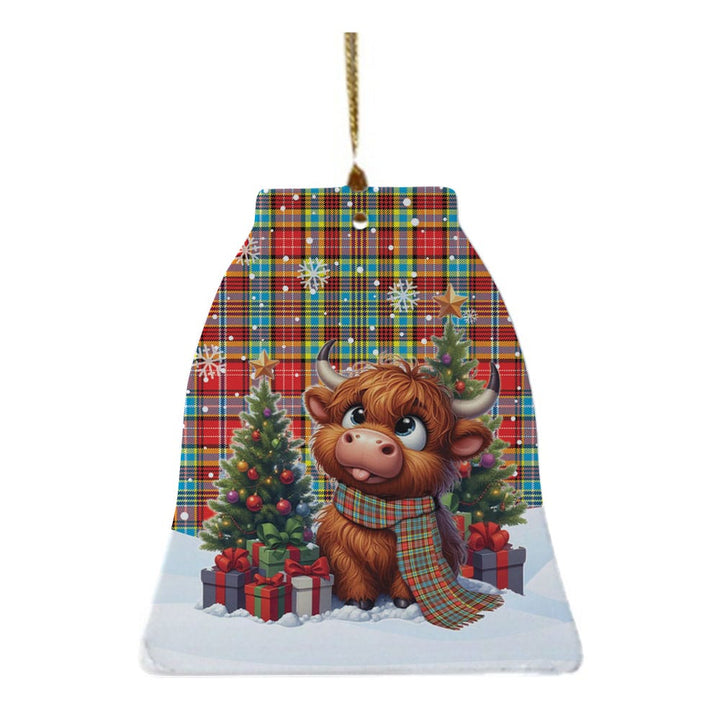 Scottish Ogilvie Clan Tartan Ceramic Ornament Cute Highland Cow Christmas Bell Style Tartan Plaid