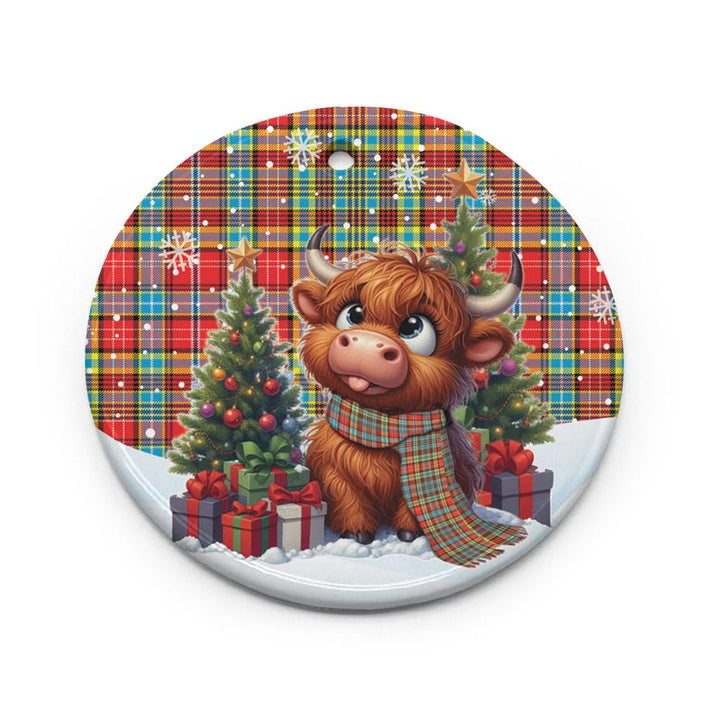 Scottish Ogilvie Clan Tartan Ceramic Ornament Cute Highland Cow Christmas Circle Style Tartan Plaid
